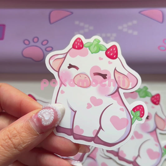 Pastel Pink Sitting Strawberries & Cream Cow die cut sticker